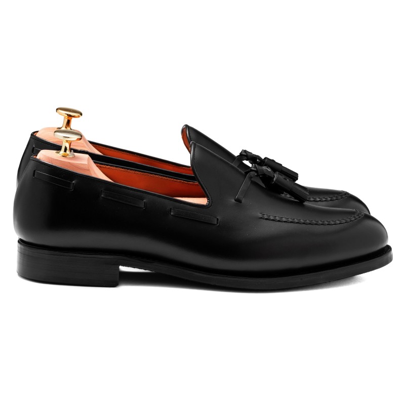 black leather tassel loafers