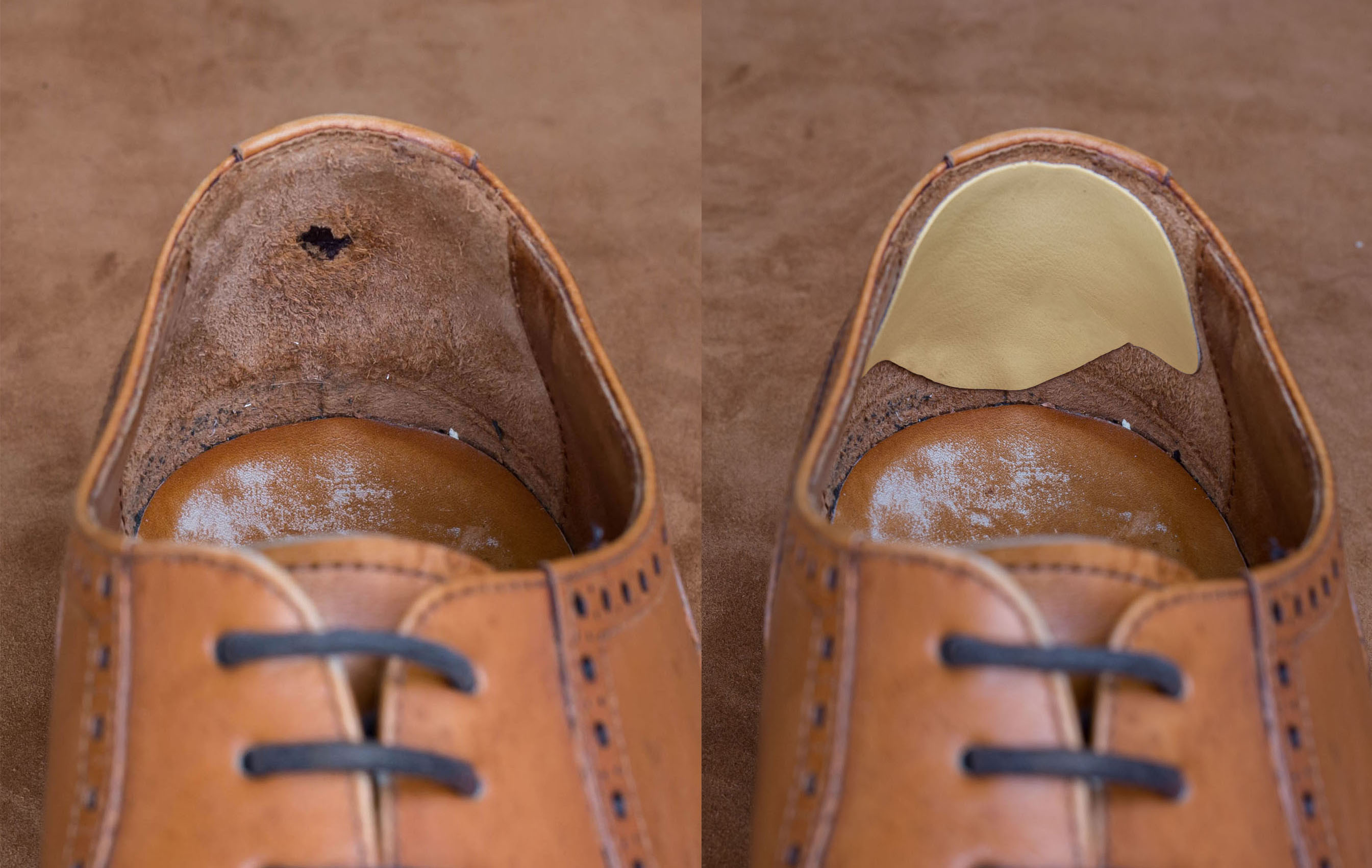 Before and after repairing the heel lining of a welted shoe.